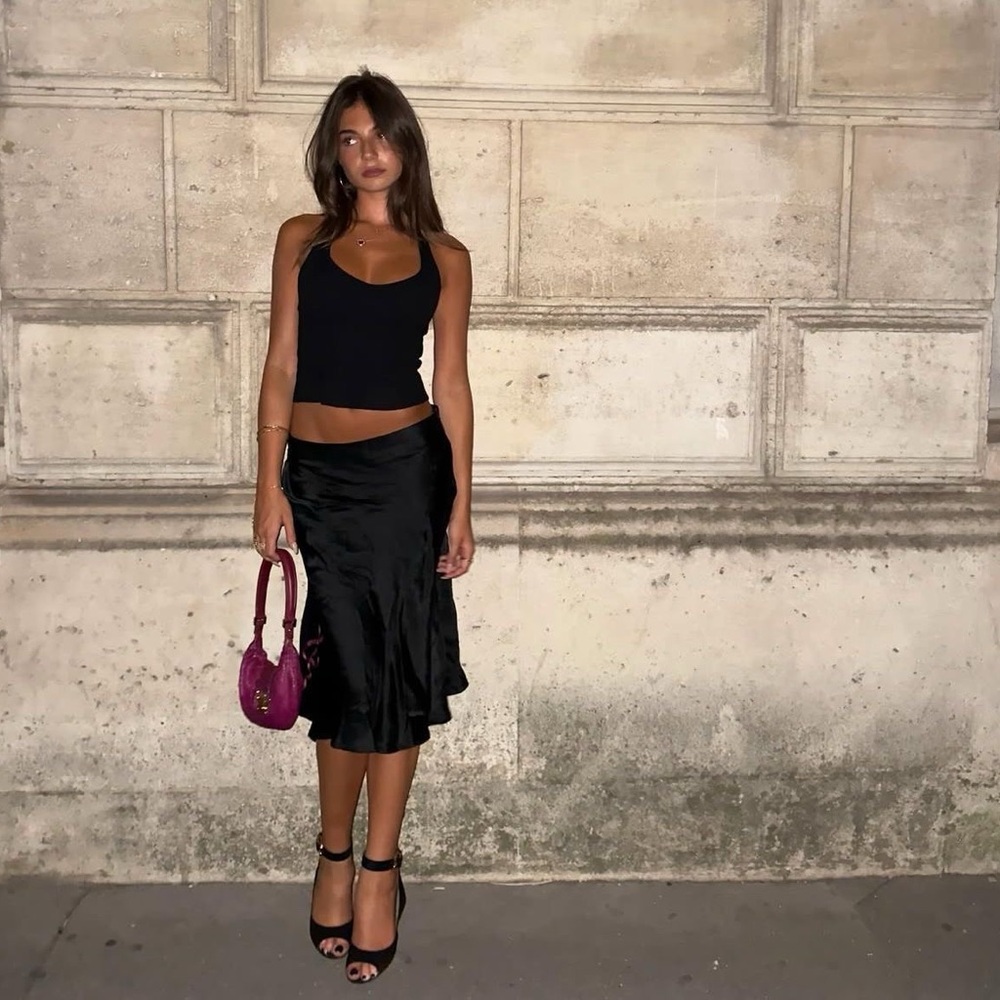 Vintage Silhouette Black Satin Slip Skirt